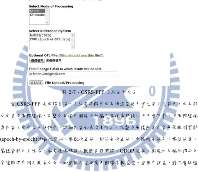 圖  2-7、CSRS-PPP 系統使用介面  當 CSRS-PPP 完成解算後，系統會將解算成果傳送至使用者之電子信箱中，成果部 分包含成果概述檔、完整成果檔及圖像成果檔三個檔案可提供使用者下載。成果概述檔 案內容主要分為三個部分，詳細內容如表 2-4 所示。完整成果檔內容包含每筆觀測資料 (epoch-by-epoch)的屬性資料、參數改正值、對流層改正值、坐標較差值及坐標估值等， 屬性資料包含站名、參考座標框架、觀測日期時間、GDOP 值等。圖像成果檔的部分包 含隨時間序列之圖像成果，如坐標之經緯度及