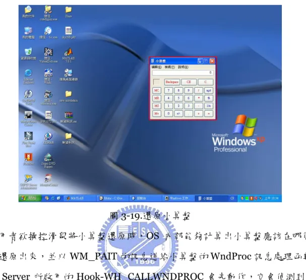 圖 3-18.初始狀態  圖 3-19.還原小算盤  當使用者欲操控滑鼠將小算盤還原時，OS 內部能夠計算出小算盤應該在哪個地 方被還原出來，並以 WM_PAIT 的訊息送給小算盤的 WndProc 訊息處理函數，  此時 Server 所啟用的 Hook-WH_CALLWNDPROC 會先動作，它會偵測到 OS 發送 WM_PAINT 訊息給小算盤程式，請它重畫在螢幕上，此時對應的前處理函 數 CallWndProc()會先處理 WM_PAINT 訊息，處理後會將小算盤的視窗大小以 訊 息 方 式 (RF