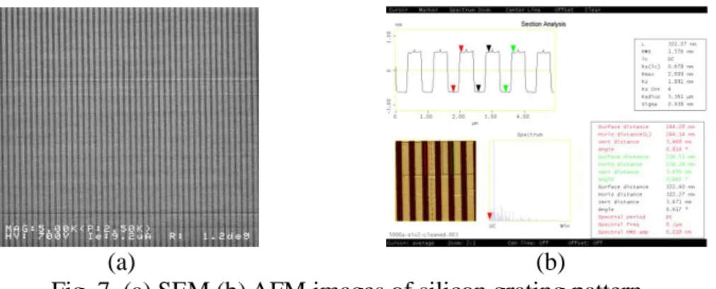 Fig. 7. (a) SEM (b) AFM images of silicon grating pattern. 