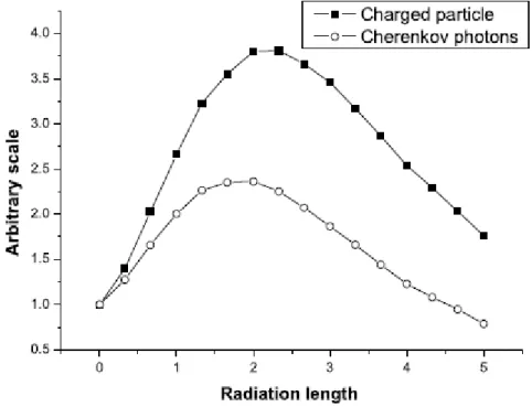 Fig. 6 The longitudinal profile and Cherenkov photon yield as a function of radiation length.