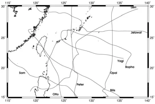 圖 3-2 類神經颱風波浪推算模式學習資料颱風路徑圖 
