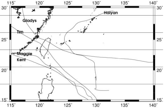 圖 3-3 檢驗類神經颱風波浪推算模式颱風路徑圖 