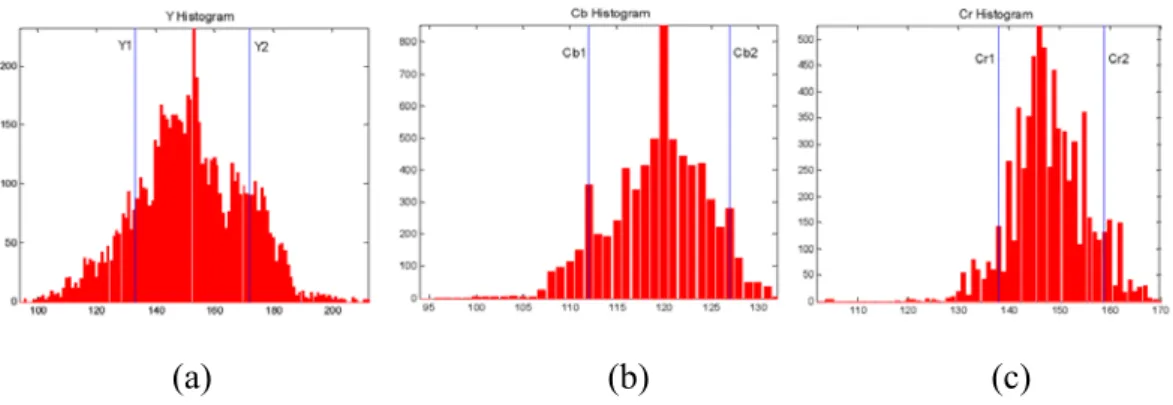 Figure 4-3 The lower and upper thresholds of each color channel (a) Y1 and Y2 of Y  channel (b) Cb1 and Cb2 of Cb channel (c) Cr1 and Cr2 of Cr channel 