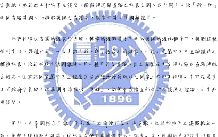 圖 14 右側另一組之行為，則比較複雜多元。我們將「美國」、「香港」各自形成一個 群之中心。以「香港」為中心而言，由香港抵台，離台至美、韓、印等國（英文字母愈前 面，代表關聯性愈強）比例較高。由此群可知，從香港來台的偷渡客，較更橫跨其他美、 亞洲之行為，相較於其他國家遷移情形多僅單一洲之情形更些不同。若以「美國」為中心 而言，從新加坡、印尼（以下簡稱「新、印」）抵台，離台至美國之比例相當高。而我們 進一步查驗其所持用的假證件資料，發現竟大多也是同出發地之「新、印」護照居多數， 我們對於此種現象感到不合理。一