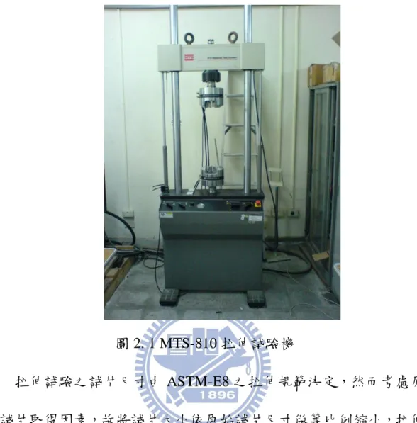 圖 2. 1 MTS-810 拉伸試驗機  拉伸試驗之試片尺寸由 ASTM-E8 之拉伸規範決定，然而考慮原 始試片取得因素，故將試片大小依原始試片尺寸做等比例縮小，拉伸 試片尺寸如圖 2