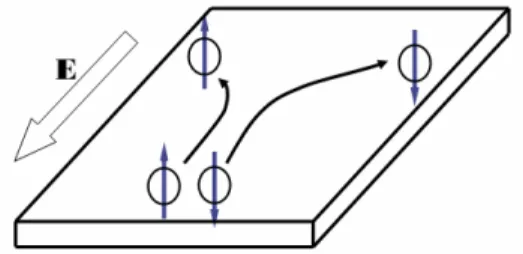 圖 2-1 本質性自旋霍爾效應，無外加磁場下，自旋方向相反的二維 載子受電場作用而移動時會往半導體材料兩邊聚集。      於二維半導體系統內的電子，考慮量子力學與狹義相對論，其漢米爾頓 (Hamiltonian)為  2 ( ) 2H p z pmλ σ=−JK ⋅ ×JG = (2-1)