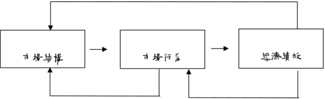 圖 2-2  較複雜的 SCP 關係圖（Ferguson &amp; Ferguson, 1994）  Wirth  與 Bloch（1995）進一步指出，SCP 理論架構的諸多問題，使 得 80～90 年代陸續有學者發展不同的理論架構分析產業經濟，雖然這些 「新產業經濟學」的分析學者試圖以創新的理論架構取代傳統的分析架 構，仍有不少研究者持續嘗試修正傳統的 SCP 分析架構，希望藉由精進 SCP 的分析架構，提升 SCP 的產業分析研究結果。  SCP 架構的修正性工作從 70 年代開始便陸續有學者投入，