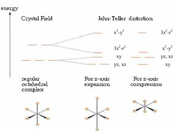 Fig. 2.5 Energy splittings of the Mn 3d orbitals due to Jahn-Teller effect [25] 