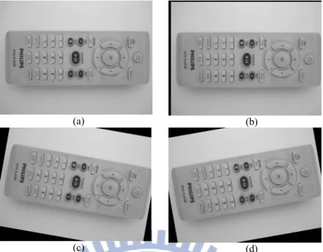 Figure 2-5: Example of generating training images with different affine transformation: (a) reference image, (b)  translation, (c) clockwise rotation, and (d) counterclockwise rotation