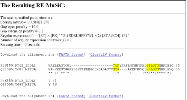 Figure 4.2: An example of the output of RE-MuSiC for protein sequences, where the  residues in the first block of columns shaded in yellow match the first regular  expression of &#34;[ST]-x-[RK]&#34;, and those in the second block of columns shaded in  yel