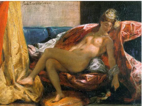 圖 1-2：《女人與鸚鵡》，德拉克洛瓦（Eugene Delacroix），1827，油彩，Musée des Beaux-Arts, Lyons  資料來源：http://cgfa.sunsite.dk/  德拉克洛瓦受到地中海沿岸明亮的陽光和阿拉伯世界的體驗影 響，讓他的色彩使用完全由當時的慣例中解放， 「他的繪畫從這段 時期開始，擺脫學院繪畫的昏暗色調，急速邁向明亮的色彩，色彩 變得豐富，頻繁使用紅色與綠色、橙色與藍色的互補關係。」 （潘  幡，2001）在這張畫中人體亮面使用美麗的玫瑰色，「手臂覆蓋