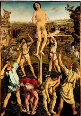 圖 2-1：《St. Sebastians martyrium》，安東尼奧（Antonio Pollaiuolo），1475，木板油彩，National Gallery, London  資料來源：http://cgfa.sunsite.dk/  藝術家們對於色彩技法的實驗，讓 15 世紀晚期變為一段風格的實驗期。風 格在此時不只是一種技術，而變為畫家最偉大的貢獻。  達文西（Leonardo da Vinci, 1452-1519）是一位至高無上的自然主義者，並 且最終變為一位非常講究方法的藝術家。他像是