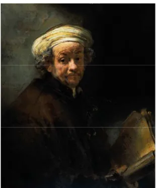 圖 2-8：《自畫像》 （Portrait of the Artist at His Easel） ，林布蘭（Rembrandt van Rijn），1660，油畫，Musee du Louvre, Paris  資料來源：http://cgfa.sunsite.dk/  不同於林布蘭的是，其餘荷蘭畫派的畫家較傾向於明亮畫派，例如：哈爾 斯（Frans Hals, 1580-1666）便不喜歡以深色多層暈染的做法，而將顏料預先 在調色盤上調色，直接將調好的顏料描繪於畫面，再加上陰影和局部色彩。此 種做法使整