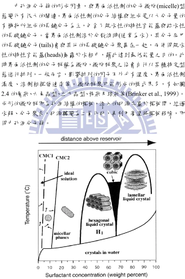 圖 2.4 CTAB 界面活性劑分子微胞變化(Brinker et al., 1999) 