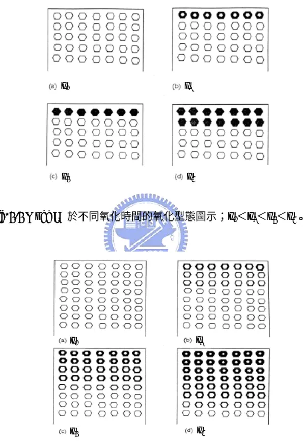 Fig. 2-2 Mode I，於不同氧化時間的氧化型態圖示；t  0 ＜t  1 ＜t  2 ＜t  3 。 