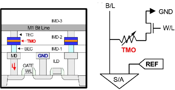 Figure 1-5 Cross-sectional plot and basic circuit diagram of 1T1R structure[24] 