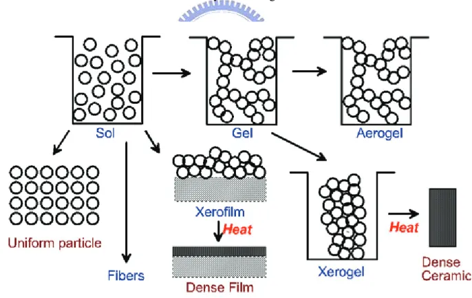 Figure 2-1 Schematic of the routes that one could follow within the scope of sol-gel processing.