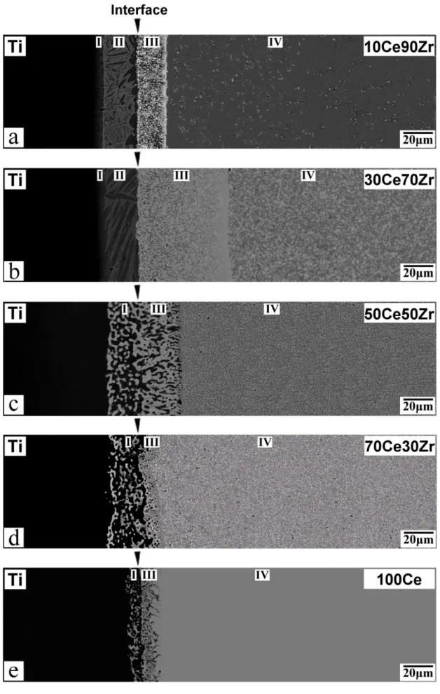 Fig.  2.    (a)-(e)  The  backscattered  electron  images  of  the  cross  section  between  Ti 