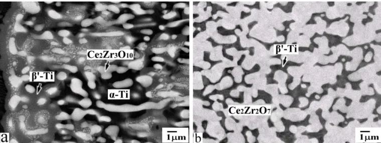 Fig.  5.    The  backscattered  electron  images  of  reaction  layer  “III”  in  the  zirconia  side  near  the  original interface between (a) Ti and 10Ce90Zr and (b) Ti and 30Ce70Zr after reaction at 1550°C  for 4 h