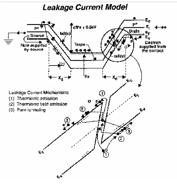 Figure 2.4 Schematic illustration of the leakage current model in poly-Si  TFTs. 