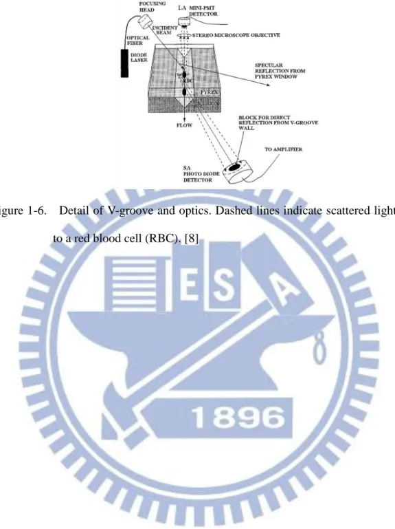 Figure 1-6.    Detail of V-groove and optics. Dashed lines indicate scattered light due  to a red blood cell (RBC)