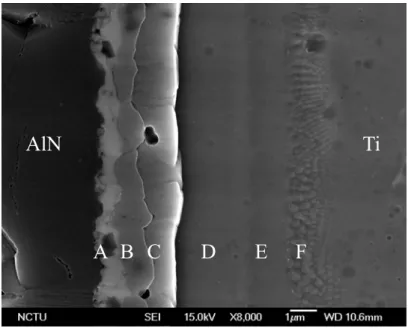 Fig. 4 (a) SEM micrograph of the cross section between Aluminum  Nitride and Titanium after reaction at 1300°C for 6 hours
