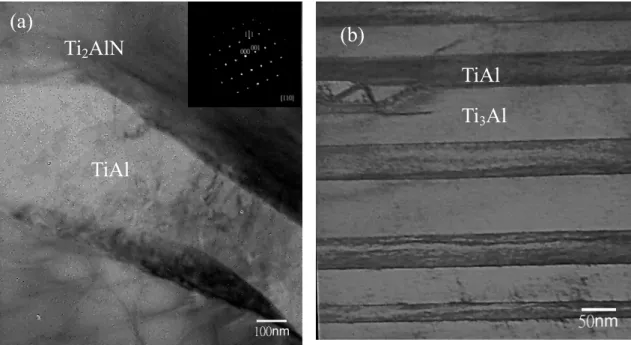 Fig. 10 (a) Bright-field image of TiAl; (b) Bright-field image of  TiAl+Ti 3 Al two-phase region after reaction at 1500°C/0.5hr