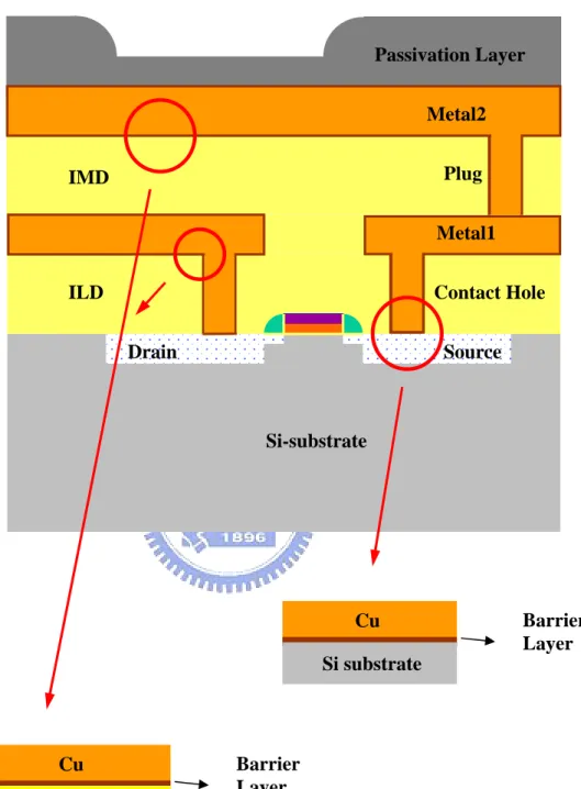 圖 1.4  MOS 之部分剖面結構示意圖 M2 Si-substrate Drain Source  Contact Hole IMD    Plug Metal1 ILDPassivation Layer   Metal2 IMD Barrier Layer Cu Si substrate  Barrier Layer Cu 