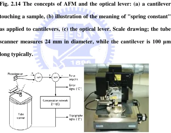 Fig.  2.15  The  AFM  feedback  loop.  A  compensation  network  monitors  the cantilever deflection and keeps it constant by adjusting the height of  the sample