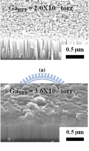 Figure 2.2 SEM images of (a) GaN nano-pillar and (b) GaN film grown by MBE 