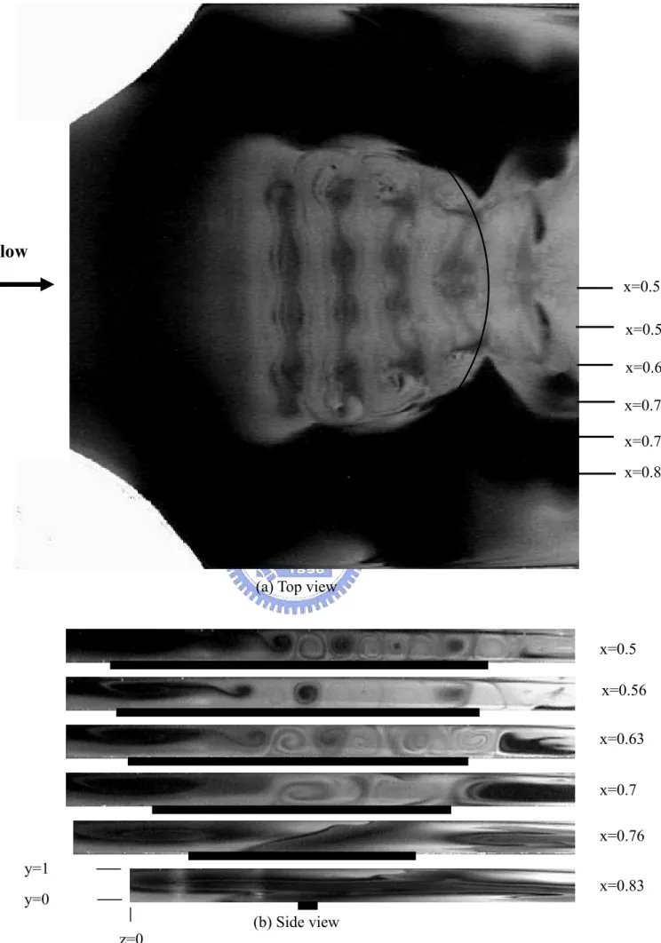 Fig. 3.6  Top view flow photo taken at the middle horizontal plane y=1/2 (a) and side view flow photos taken at  the selected vertical planes (b) at steady or statistical state for Re=10 and Ra=11,600 in the duct with  the blocks inserted at position (1)