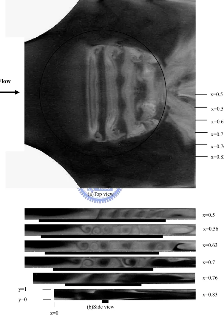 Fig. 3.15  Top view flow photo taken at the middle horizontal plane y=1/2 (a) and side view flow photos taken at  the selected vertical planes (b) at steady or statistical state for Re=10 and Ra=11,600 in the duct with  the blocks inserted at position (3)