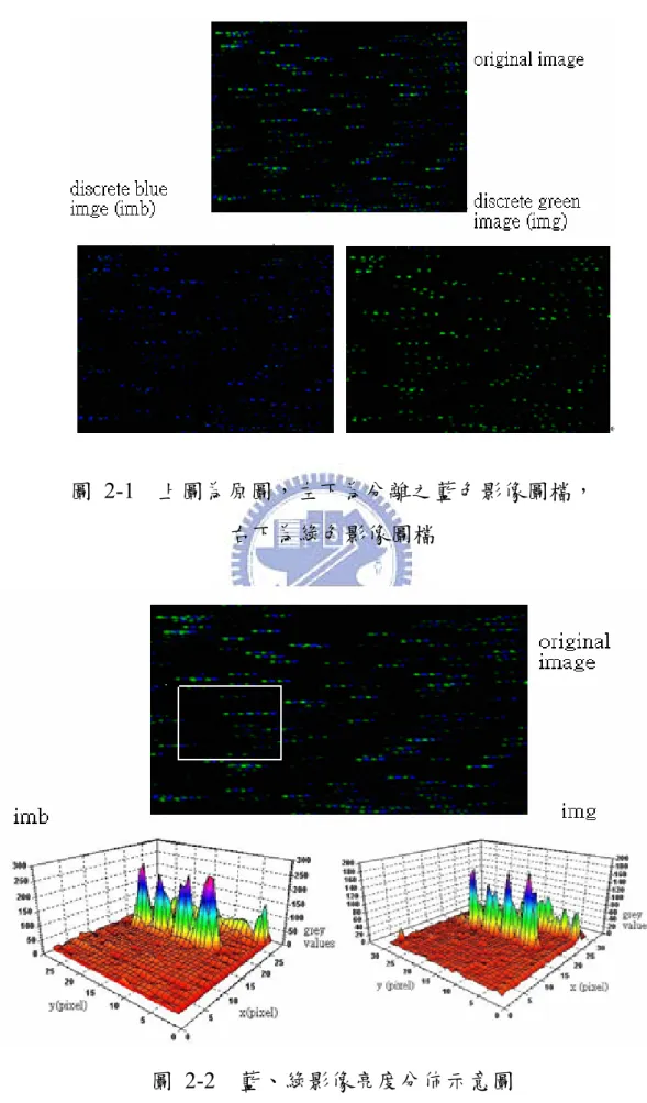 圖 2-1  上圖為原圖，左下為分離之藍色影像圖檔， 