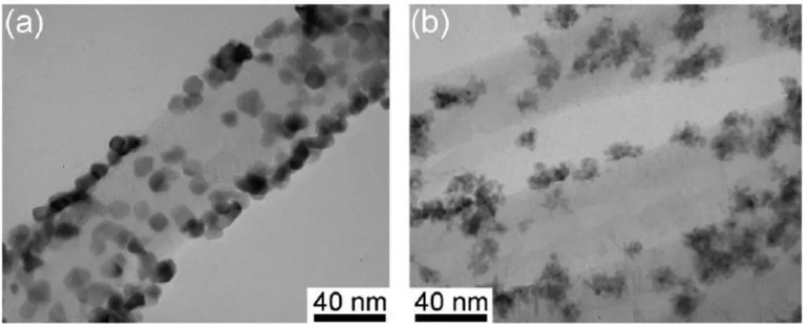 Figure 2-5 TEM images of (a) the Pt nanoparticles and (b) the Pt-Ru naoparticles decored on CNTs