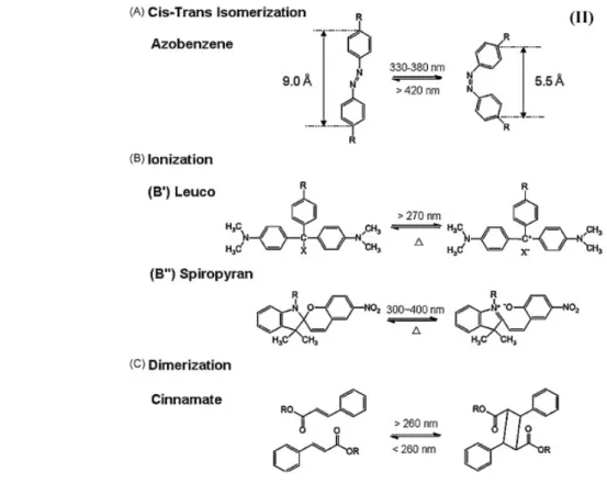 Figure 1-16: Examples of molecular structures of photo-responsive monomers: cis–trans  isomer of azobenzene (A); ionization monomers (B) of leucos (B′) and spiropyran (B′′); and  dimerization monomer of cinnamate (C)