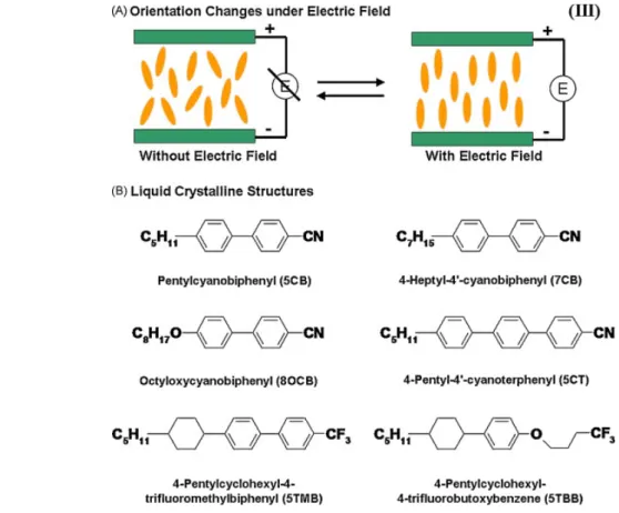 Figure 1-17: Examples of molecular structures of photo-responsive monomers: Orientation  changes (A) and molecular structures (B) of liquid crystalline molecules