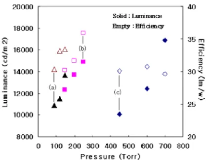 Fig. 2-4. Luminance and efficiency of the dual coplanar mercury-free flat 