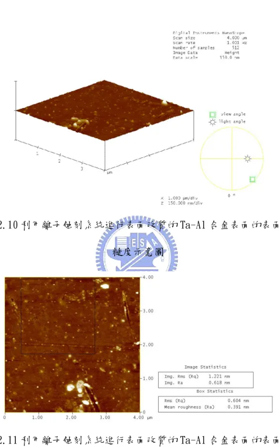 圖 2.10 利用離子蝕刻系統進行表面改質的 Ta-Al 合金表面的表面粗 糙度示意圖 