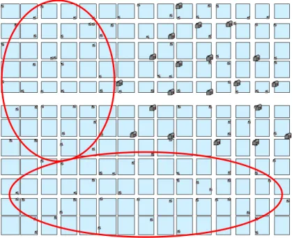 圖 15  橫貫道路執行結果，C(A)=47.68，執行時間=456 秒  (較大圖例代表選中該預定地設置巡邏箱) 