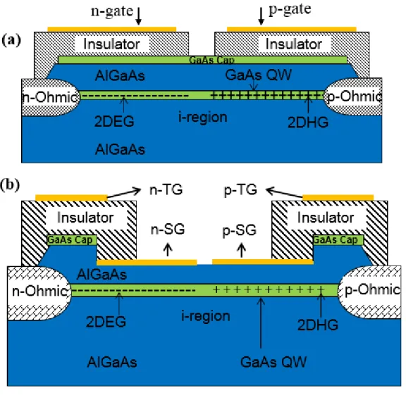 Figure  2.5  Schematic  diagram  of  a  lateral  2D  p-i-n  junction.  (a),  single-gate  device