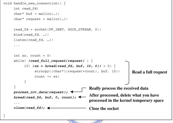 Figure 4.1: Example pseudo code of using data-holding read system call 