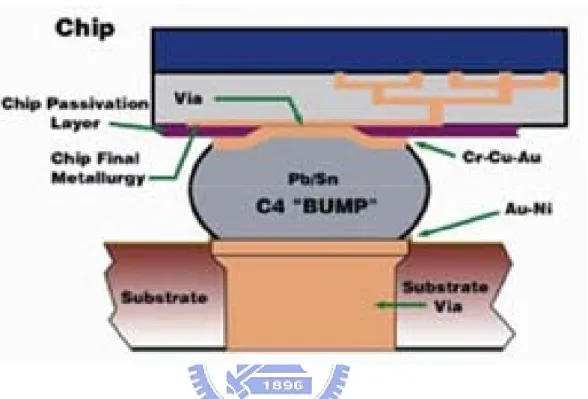 Figure 2. Cross-sectional schematic diagram of a solder joint in IBM’s C-4 structure. [2] 