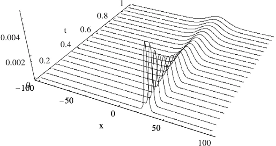 Fig. 4. The time evolution of a special initial profile which subtracts the background    from the initial profile of fig