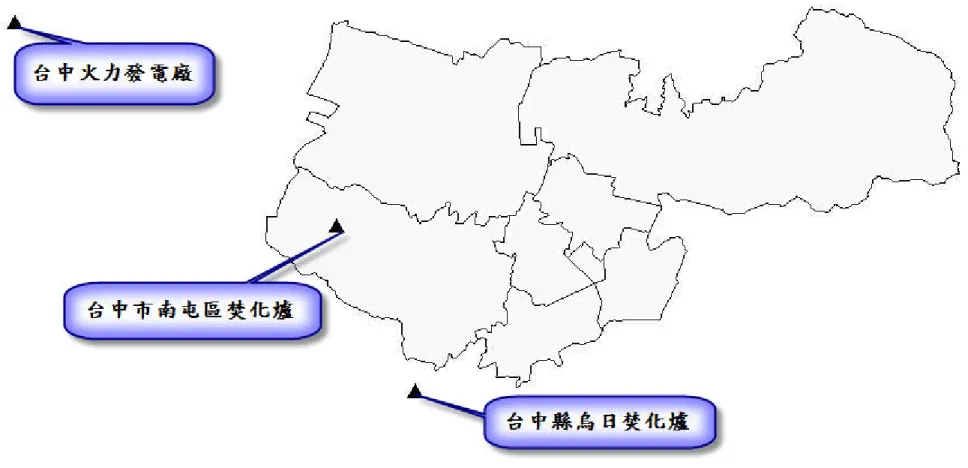 圖 6  台中市區及周遭大型固定污染源位置示意圖 