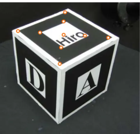 Fig. 4. The calibration object, called physical control cube (PCC), and the extracted  feature points used to obtain intrinsic camera parameters