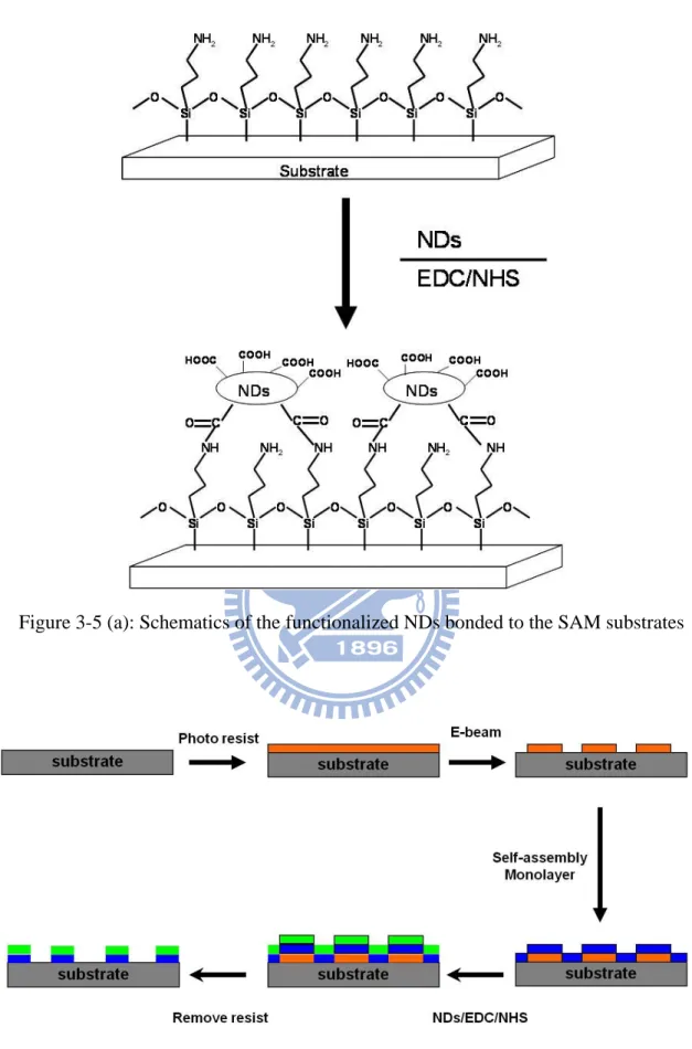 Figure 3-5 (a): Schematics of the functionalized NDs bonded to the SAM substrates   