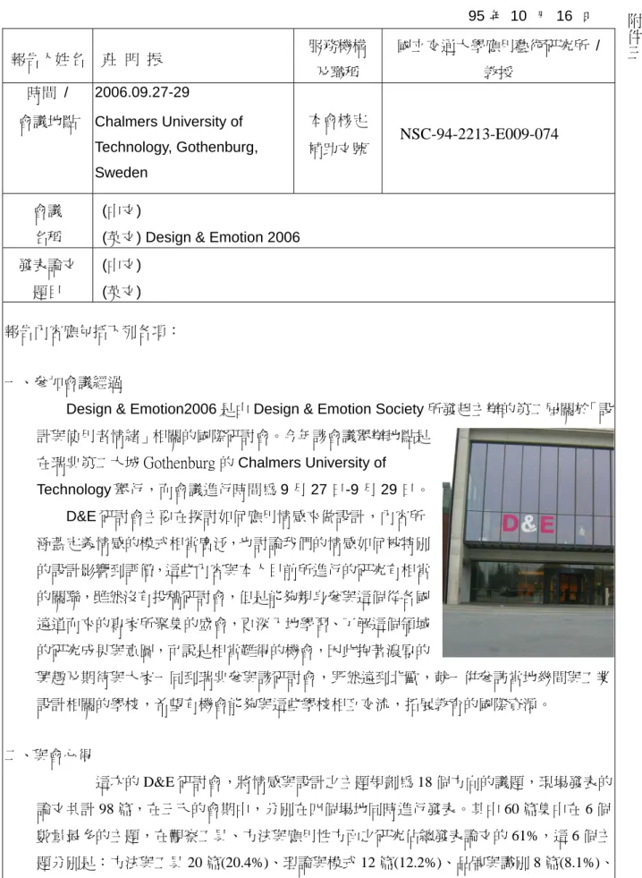 表 Y04                                                                                                                              95 年 10 月 16 日 報告人姓名  莊  明  振 服務機構 及職稱  國立交通大學應用藝術研究所 / 教授 時間 /  會議地點 2006.09.27-29 Chalmers University of Technology, Gothen
