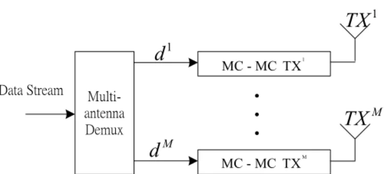 Figure 2.1: The transmitter block diagram of the MIMO MC-MC system. 