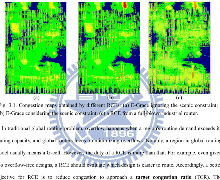Fig.  3.1.  Congestion  maps  obtained  by  different RCEs:  (a) E-Grace  ignoring  the  scenic  constraint; 
