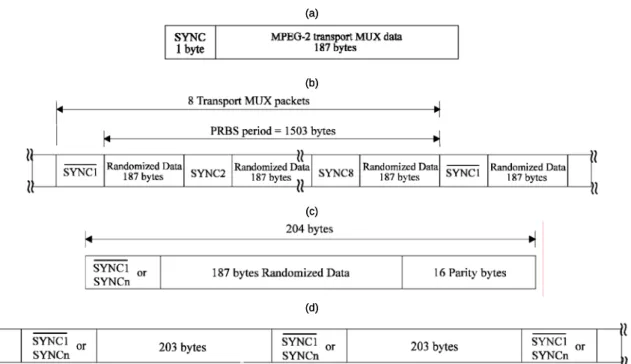 Figure 3.5:  Data format of DVB-T system. (a) MPEG-2 transport MUX packet. (b)  Randomized transport packets: Sync bytes and randomized data bytes